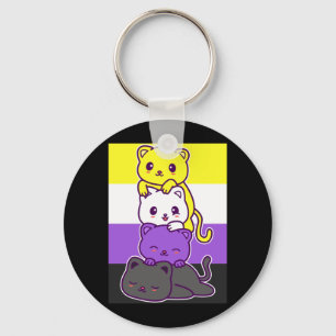 Cute Cats With Non Binary Flag - Kawaii Lgbtq Key Ring