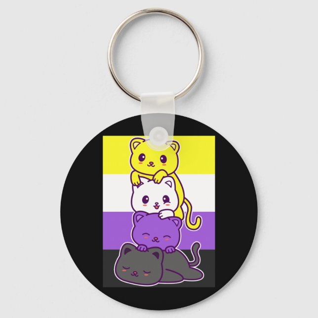Cute Cats With Non Binary Flag - Kawaii Lgbtq Key Ring (Front)