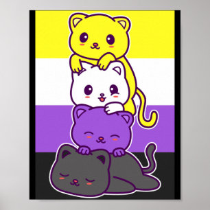 Cute Cats With Non Binary Flag - Kawaii Lgbtq Poster