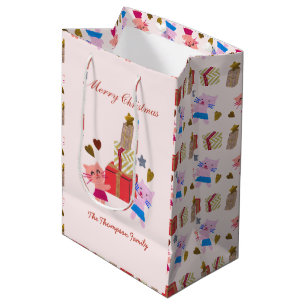 cute cats with present baby pink Christmas Medium Gift Bag