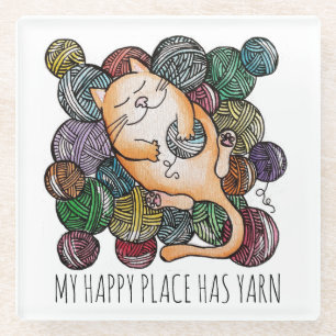 Cute Cat's Yarn Heaven Knitting Wool Knitters Glass Coaster