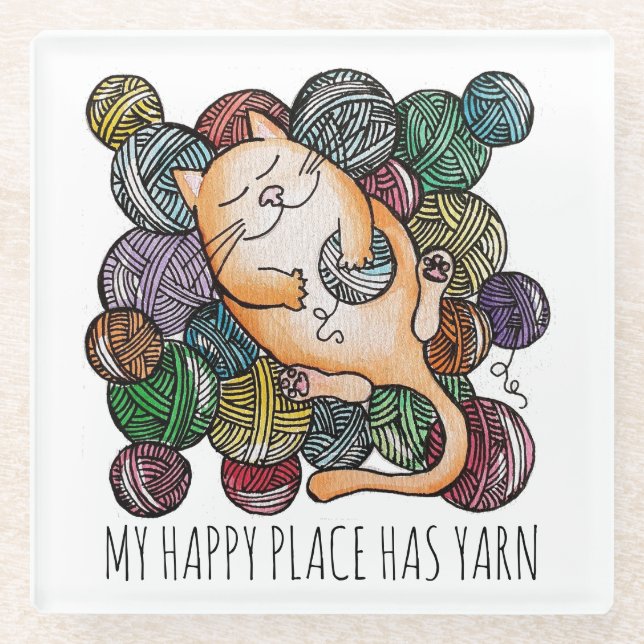Cute Cat's Yarn Heaven Knitting Wool Knitters Glass Coaster (Front)