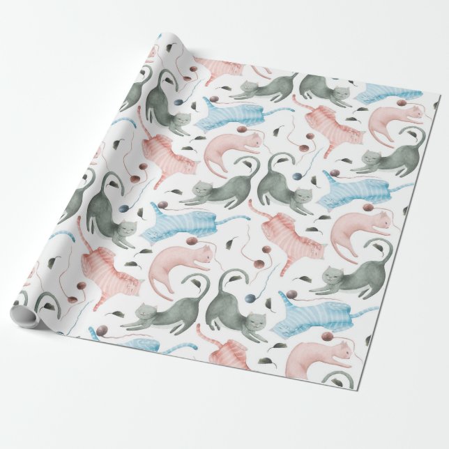Cute Cats & Yarn Pattern Watercolors Illustration Wrapping Paper (Unrolled)