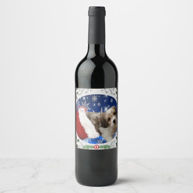 Cute Cavachon Christmas Puppy Wine Label (Front)