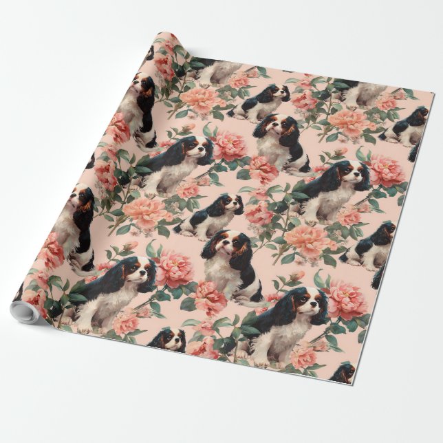 Cute Cavalier King Charles Floral Pattern Wrapping Paper (Unrolled)