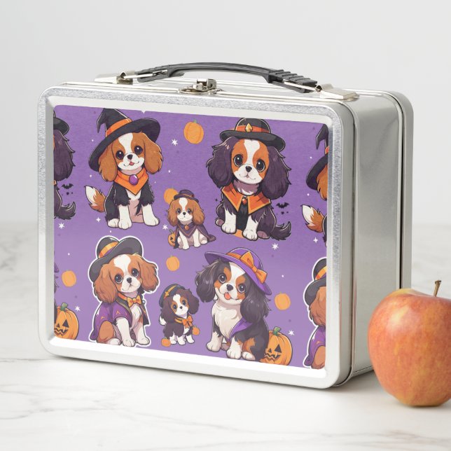 Cute Cavalier King Charles halloween pattern Metal Lunch Box (In Situ)