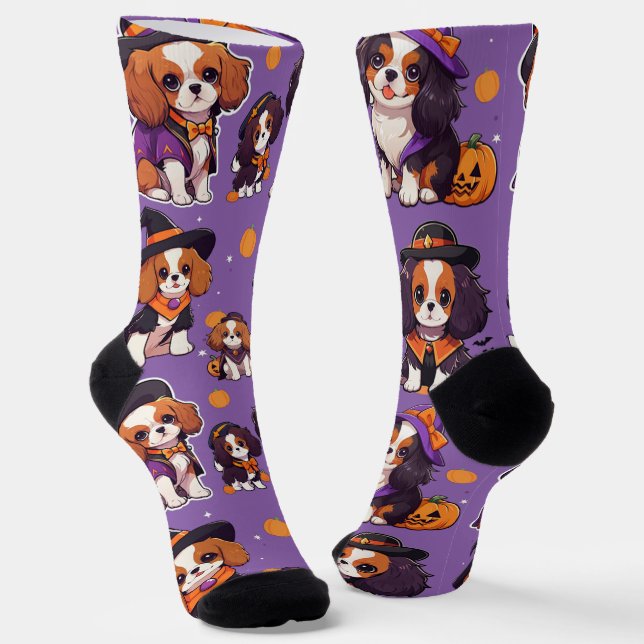 Cute Cavalier King Charles halloween pattern Socks (Angled)