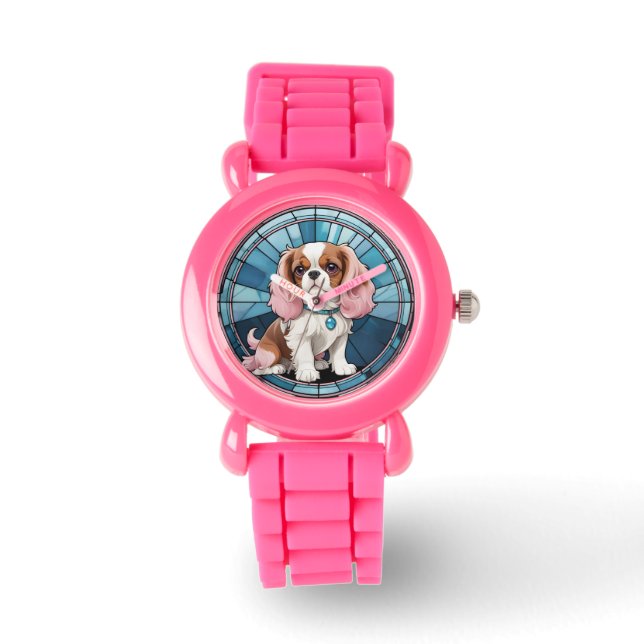 Cute Cavalier King Charles Pastel Stained Glass Watch (Front)