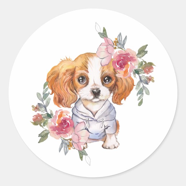 Cute Cavalier King Charles Spaniel and Flowers Classic Round Sticker (Front)