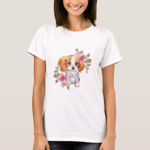 Cute Cavalier King Charles Spaniel Dog and Flowers T-Shirt