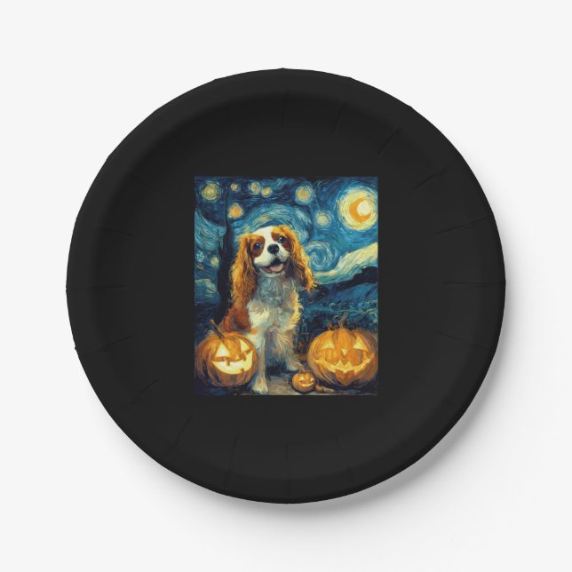 Cute Cavalier King Charles Spaniel Dog Halloween J Paper Plate (Front)
