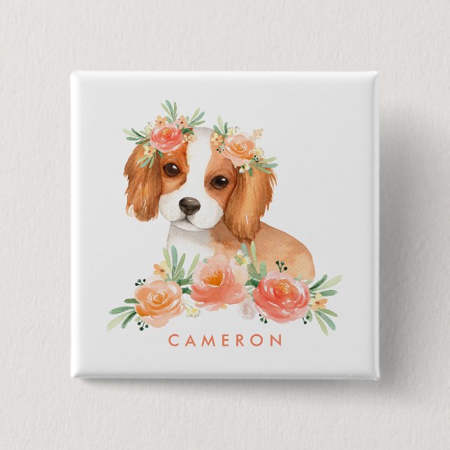 Cute Cavalier King Charles Spaniel Orange Floral  15 Cm Square Badge (Front)