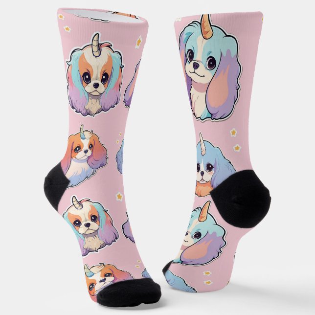 Cute Cavalier King Charles Unicorn Pastel Pink Socks (Angled)
