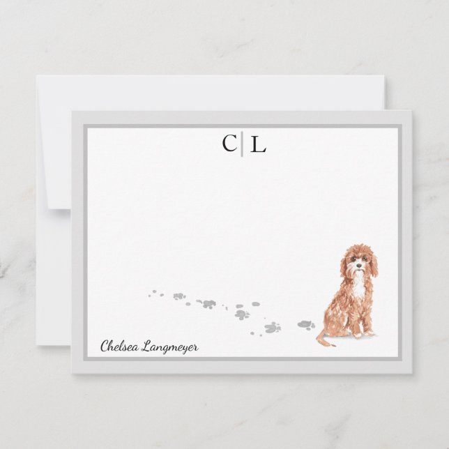 Cute Cavapoo Dog Grey Border Monogram Your Name Card (Front)
