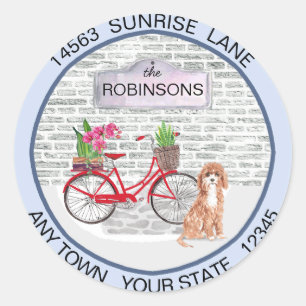 Cute Cavapoo Dog Moving Bicycle New Address   Classic Round Sticker