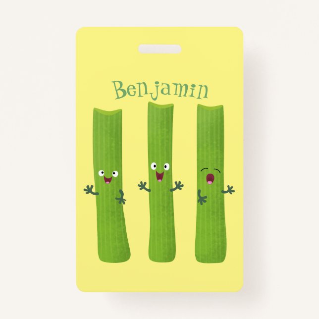 Cute celery sticks trio cartoon vegetables ID badge (Front)