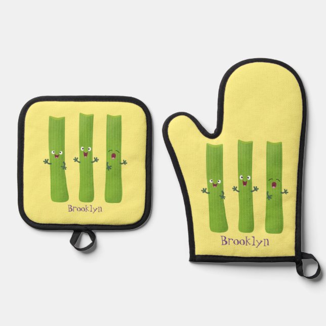 Cute celery sticks trio cartoon vegetables oven mitt & pot holder set (Front)