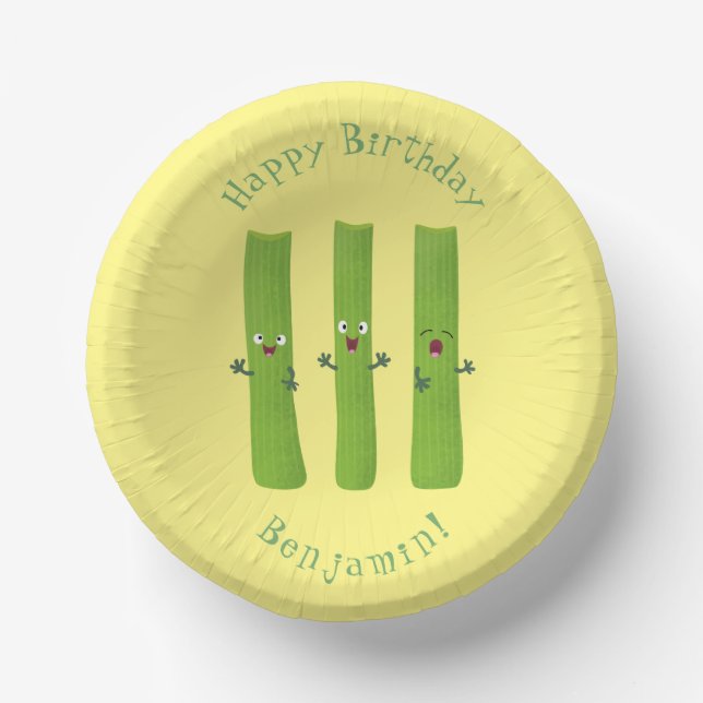 Cute celery sticks trio cartoon vegetables paper plate (Front)