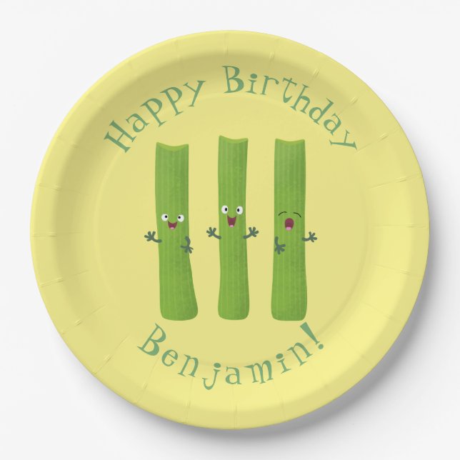 Cute celery sticks trio cartoon vegetables paper plate (Front)