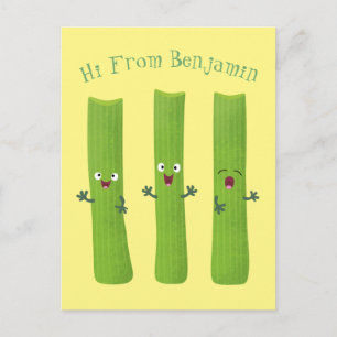 Cute celery sticks trio cartoon vegetables  postcard
