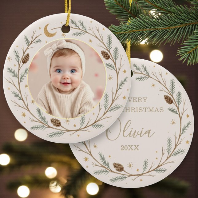 Cute Celestial Baby First Christmas Photo Ceramic Ornament (Creator Uploaded)