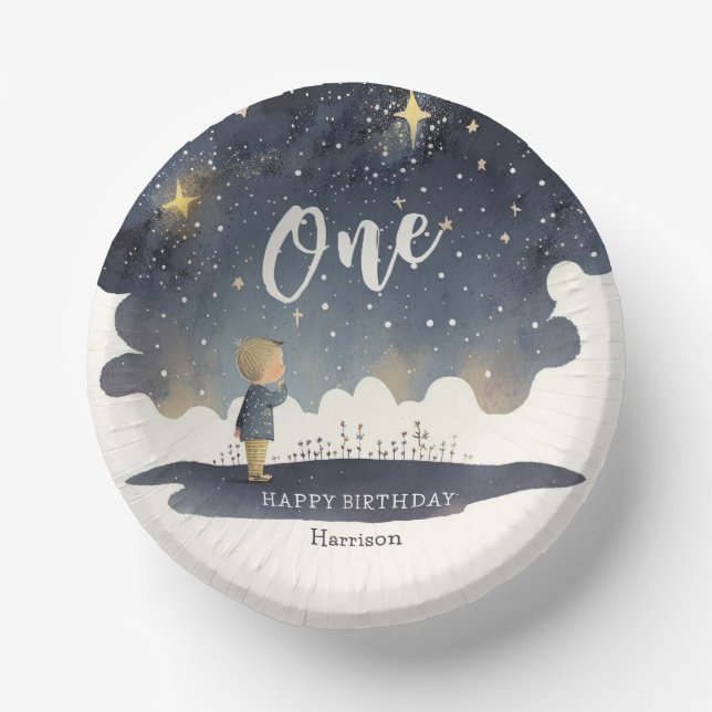 Cute Celestial Birthday Stars Watercolor Boy Paper Plate (Front)