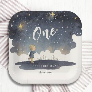 Cute Celestial Birthday Stars Watercolor Boy Paper Plate