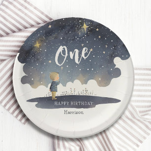 Cute Celestial Birthday Stars Watercolor Boy Paper Plate