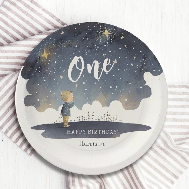 Cute Celestial Birthday Stars Watercolor Boy Paper Plate (Creator Uploaded)