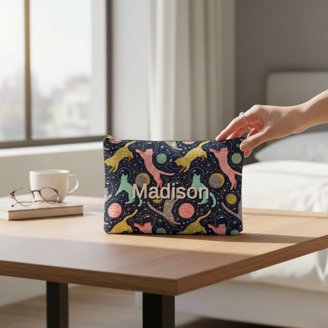 Cute Celestial Mystical Space Cats Personalised Accessory Pouch (Creator Uploaded)