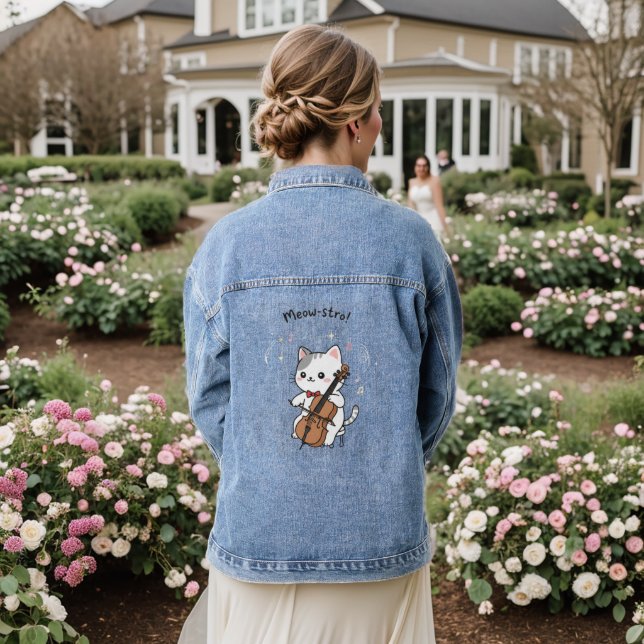 Cute Cello Cat Musician  Denim Jacket (Wedding Back)