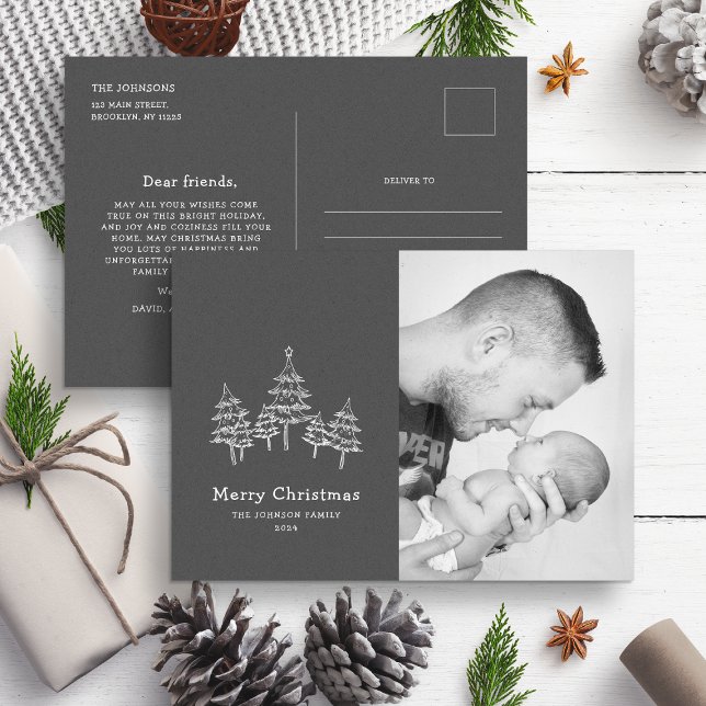 Cute Chalk Christmas Trees Black White Photo Postcard (Creator Uploaded)