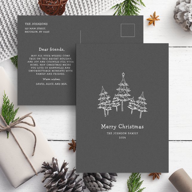 Cute Chalk Christmas Trees Black White  Postcard (Creator Uploaded)