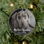 Cute Chalk Script Dog Photo My First Christmas Ceramic Ornament<br><div class="desc">Did you get a new puppy this year? Add a memory to your tree with this modern keepsake ornament featuring a simple yet elegant design with the message "My First Christmas" in white chalk script along with your dog's name and the year, over your favourite photo. Add the same photo...</div>