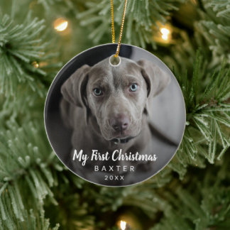 Cute Chalk Script Dog Photo My First Christmas Ceramic Ornament