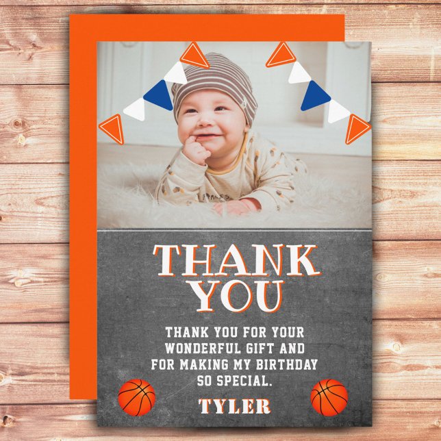 Cute Chalkboard Basketball Photo Birthday Thank You Card (Creator Uploaded)
