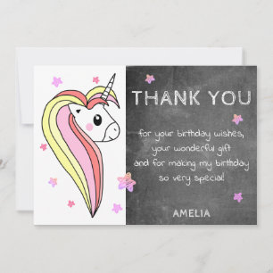 Cute Chalkboard Colourful Unicorn Thank you Card