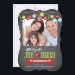 Cute Chalkboard Family Christmas Photo Card<br><div class="desc">Cute bracket die cut trendy chalkboard family christmas card featuring candy canes, mittens, retro ornaments with the holiday saying "Wishing you Joy & Cheer" in red & green typography. Flip our photo card over to view a coordinating snowflake chalkboard pattern back for an extra special touch. Available in a modern...</div>