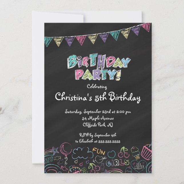 Cute  Chalkboard Girls Birthday Party Invitation (Front)