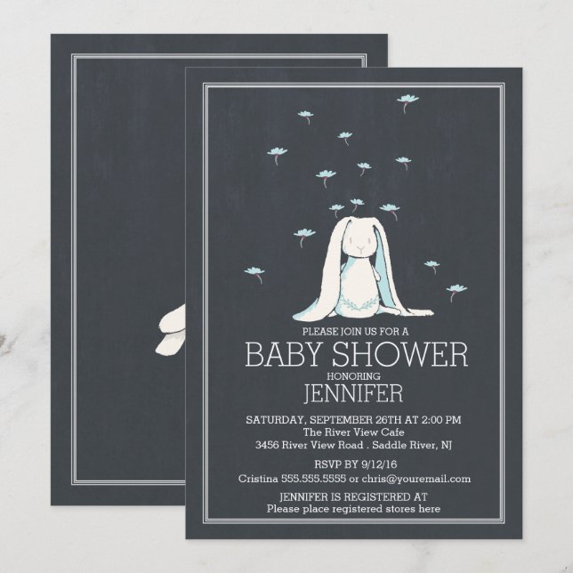 Cute Chalkboard Sweet Blue Boys Bunny Baby Shower Invitation (Front/Back)