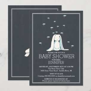 Cute Chalkboard Sweet Blue Boys Bunny Baby Shower Invitation