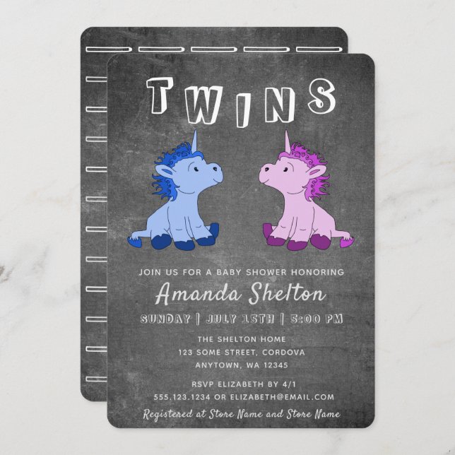 Cute Chalkboard Unicorn Boy Girl Twins Baby Shower Invitation (Front/Back)