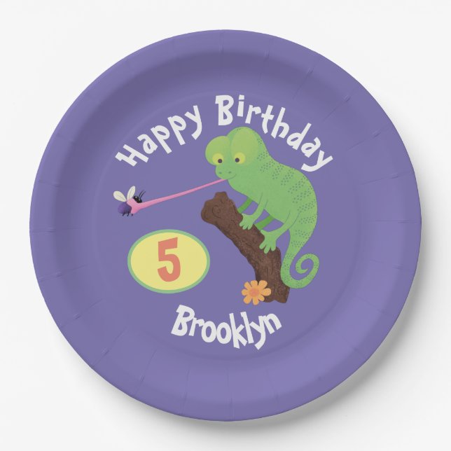 Cute chameleon catching a bug cartoon birthday paper plate (Front)