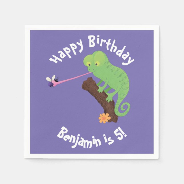 Cute chameleon catching a bug cartoon napkin (Front)