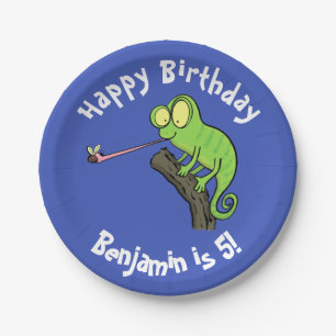 Cute chameleon catching a bug cartoon paper plate