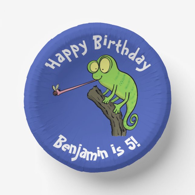 Cute chameleon catching a bug cartoon paper plate (Front)