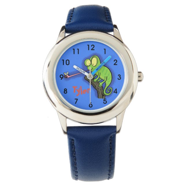 Cute chameleon catching a bug cartoon watch (Front)