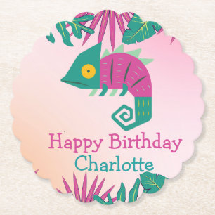 Cute chameleon Floral jungle Animals Birthday girl Paper Coaster