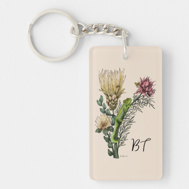 Cute Chameleon in Floral Bouquet Botanical Art Key Ring (Front)