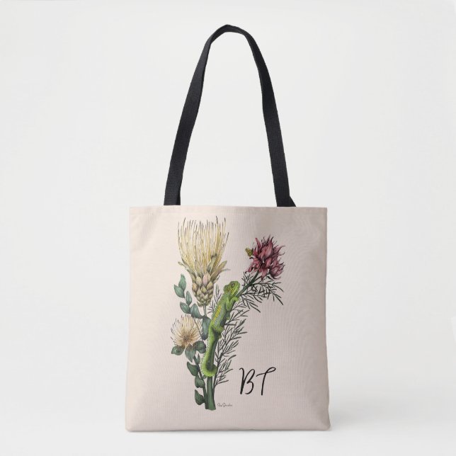 Cute Chameleon in Floral Bouquet Botanical Art Tote Bag (Front)